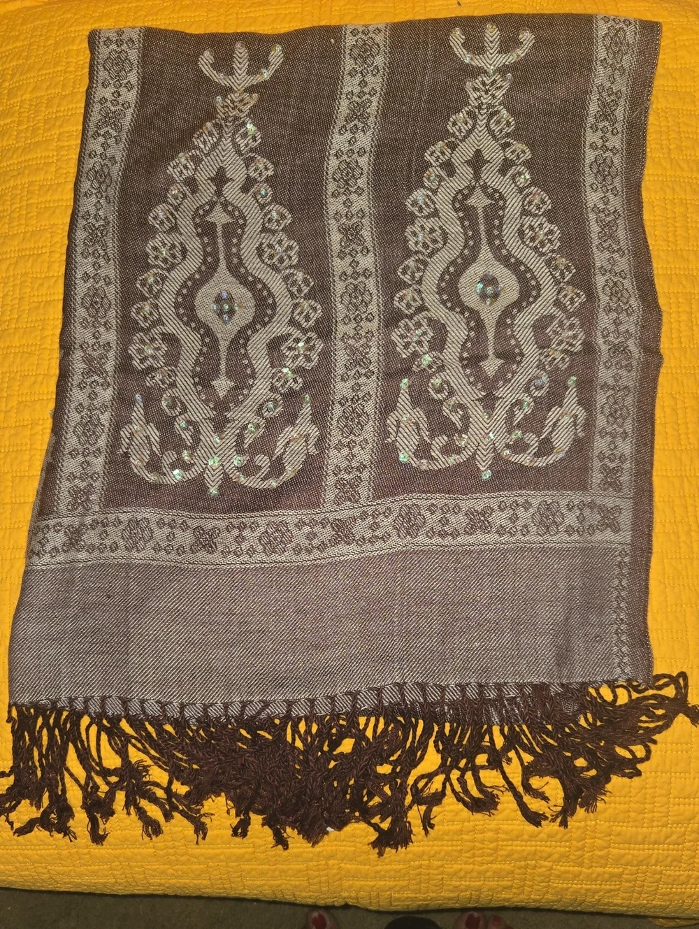 Embellished Paisley Fringe Scarf in Brown and Cream